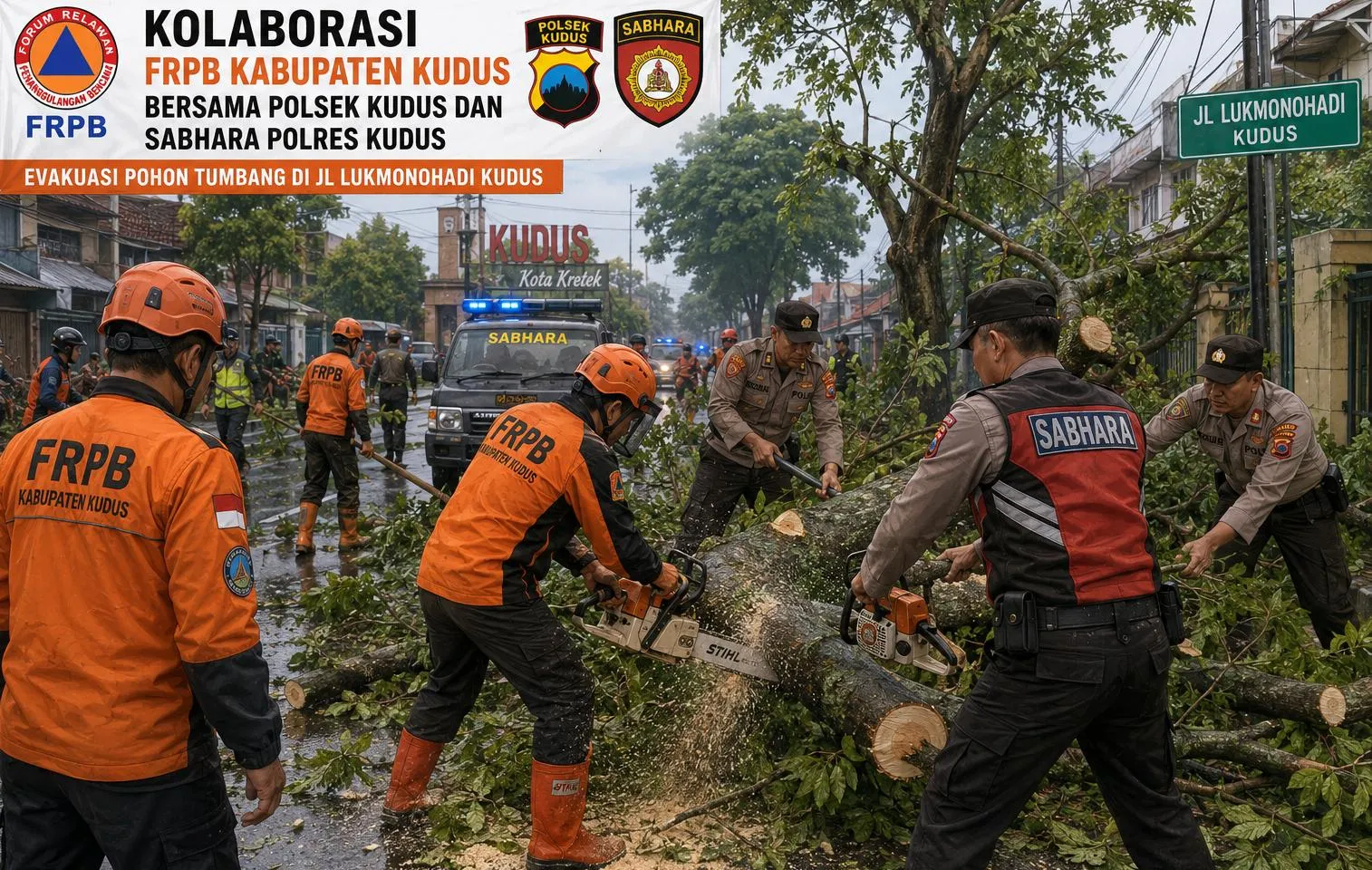 Gerak Cepat, Relawan dan Polisi Evakuasi Pohon Tumbang di Jl Loekmono Hadi Kudus