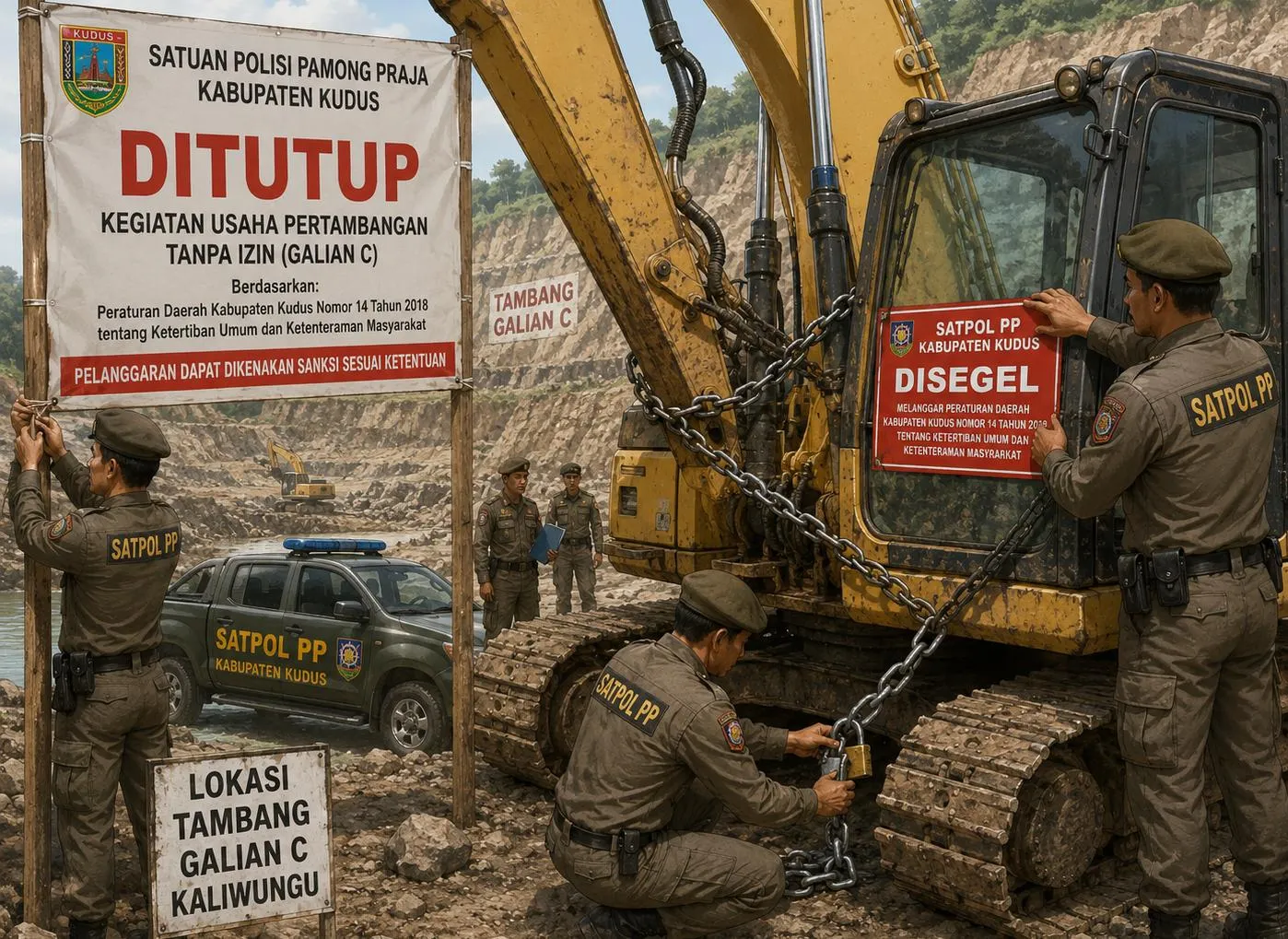 Segel Galian C di Kaliwungu, Satpol PP Kudus Rantai Kemudi Excavator