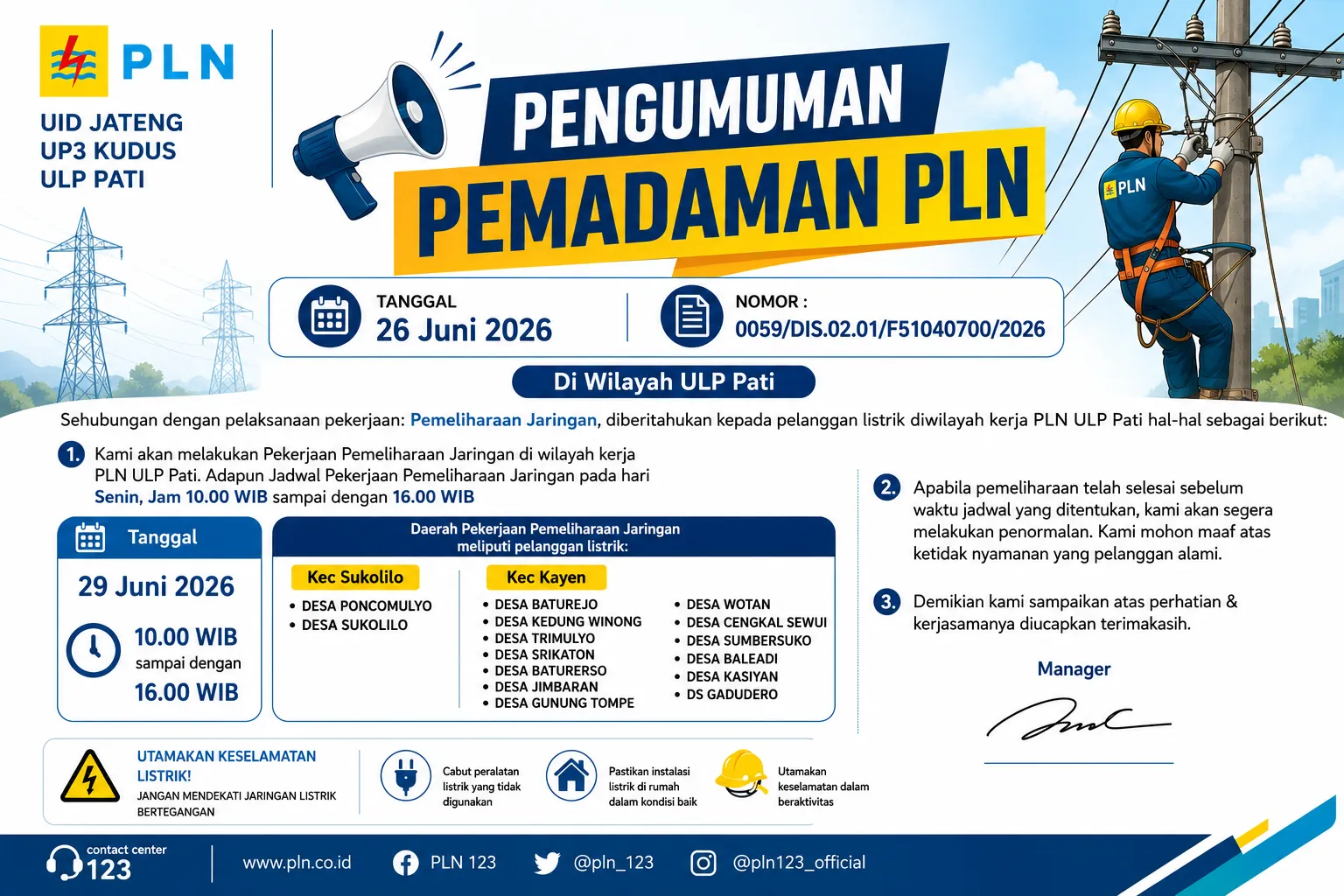 PLN ULP Pati Umumkan Pemadaman Listrik Terjadwal di Sejumlah Wilayah pada 29 Juni 2026