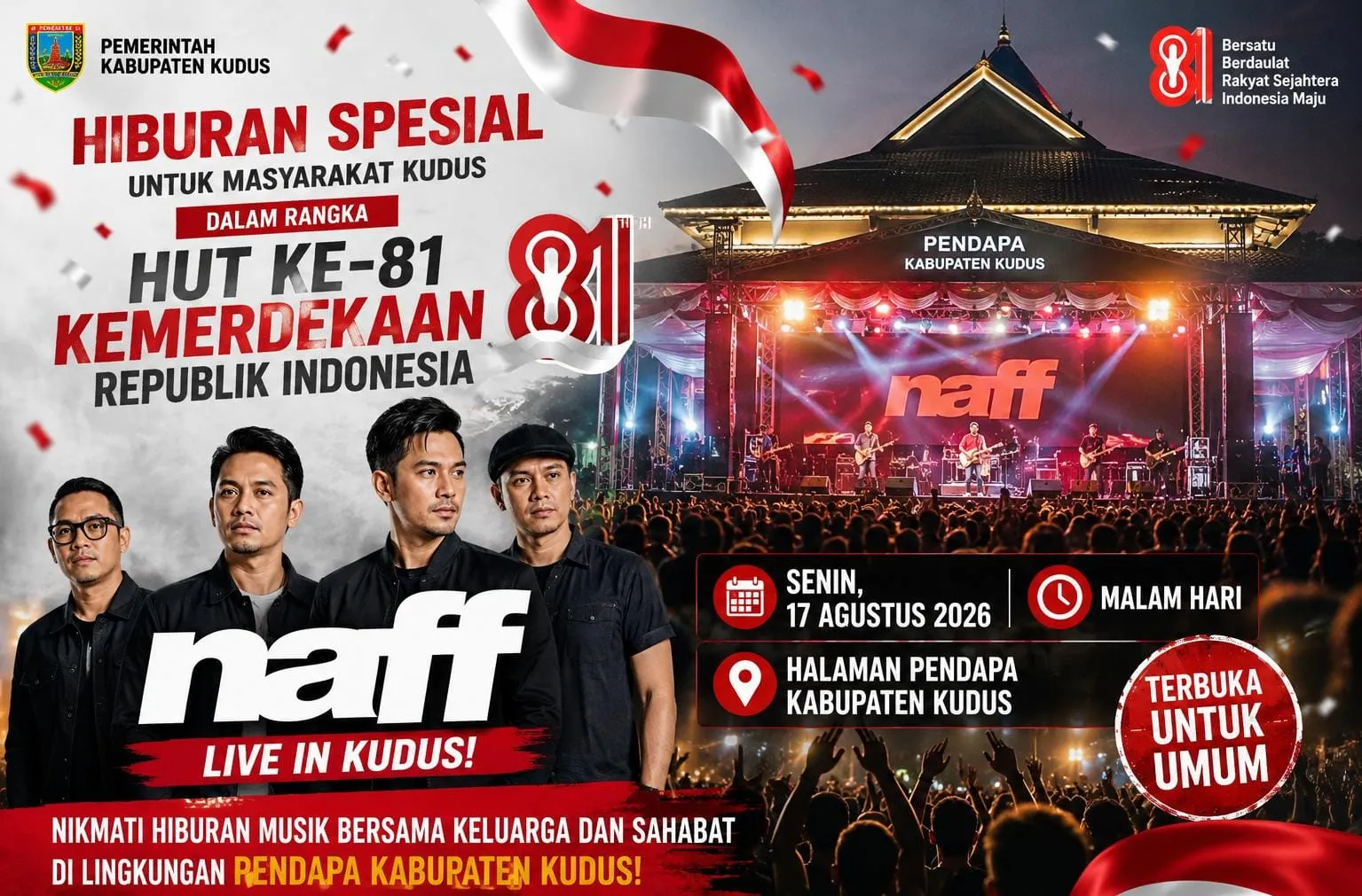 Gratis! Naff Siap Hibur Warga Kudus di Malam Resepsi HUT ke-81 RI