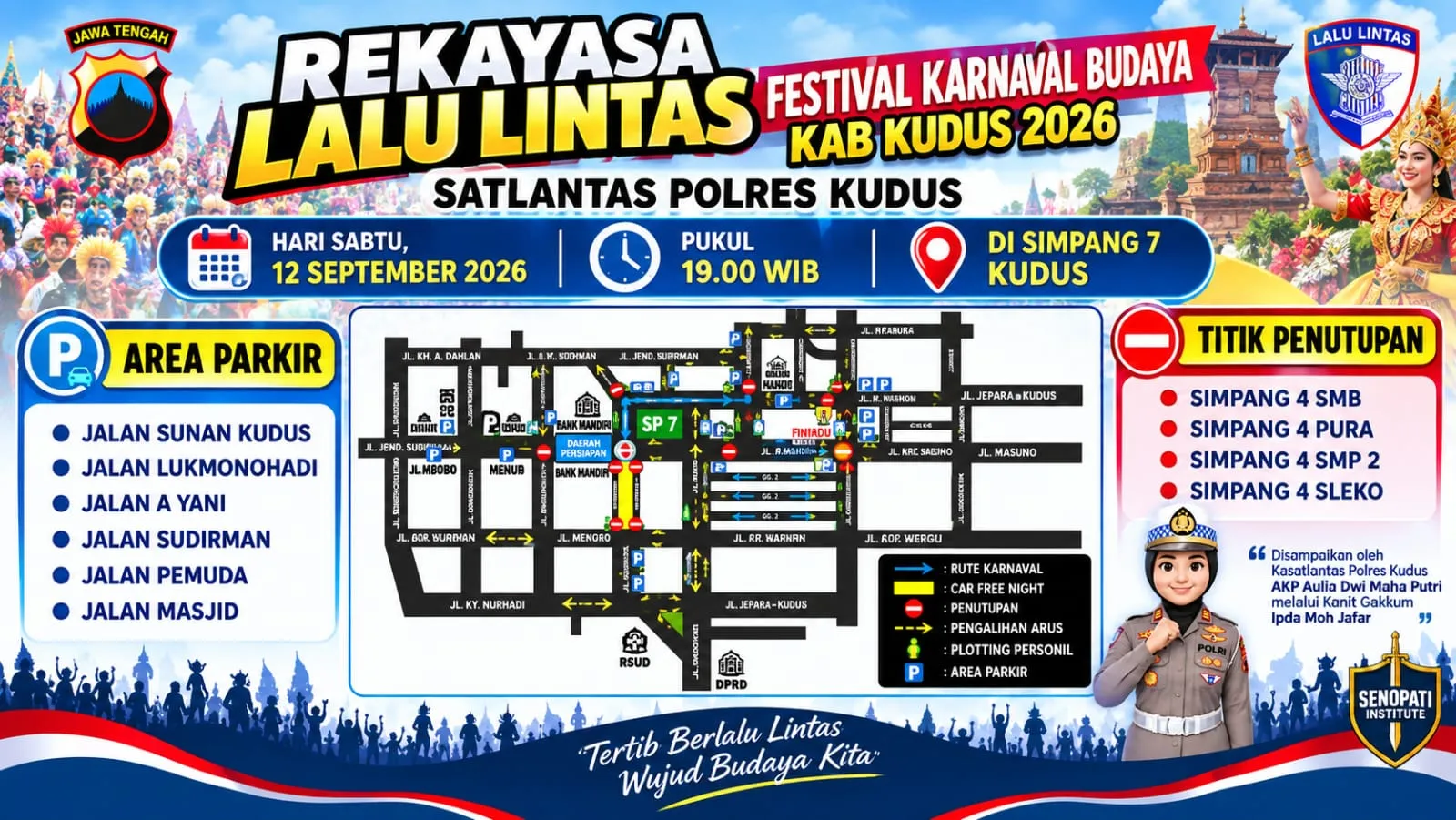 Simpang 7 Kudus Ditutup Malam Ini, Cek Rute Pengalihan Arus dan Kantong Parkirnya